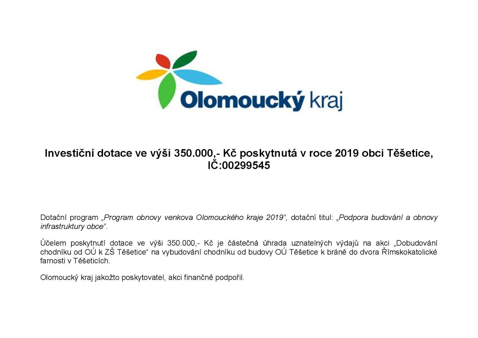 Olomoucký kraj - Investiční dotace ve výši 350 000 Kč poskytnutá v roce 2019 obci Těšetice
